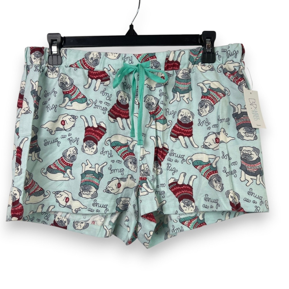 NWT BP Undercover Snug as a Pug Pajama Shorts Womens L Blue Holiday Sleep Shorts